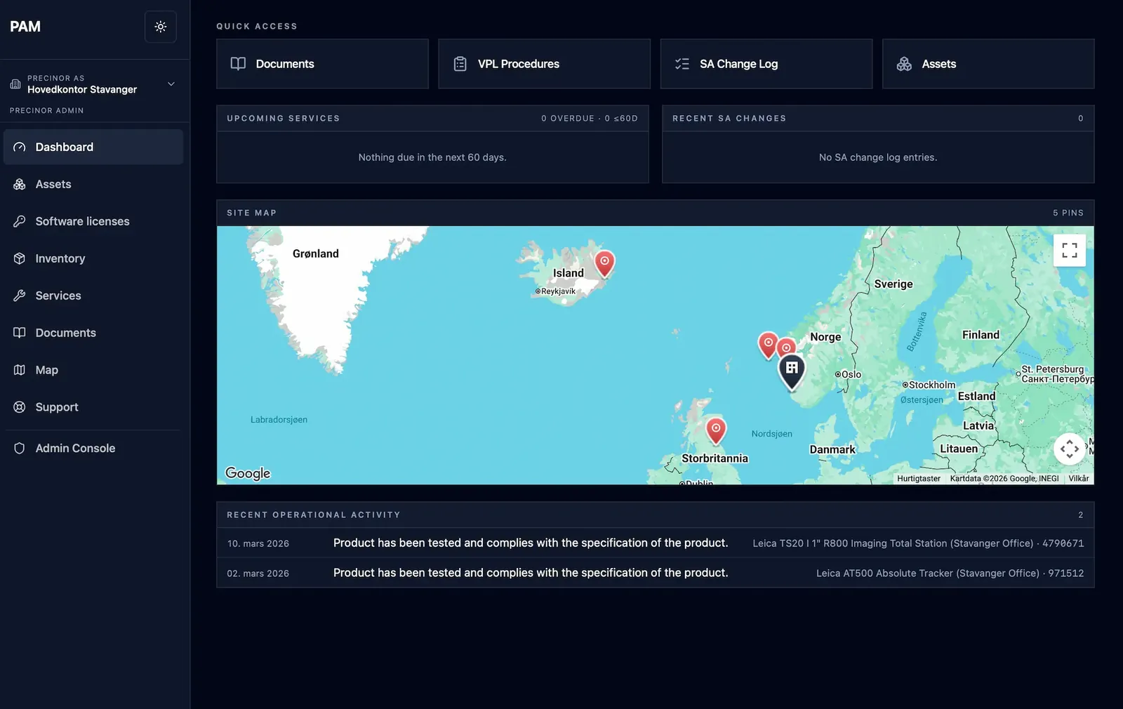 PAM-dashbord med snarveier, kommende service, kart over lokasjoner og siste aktivitet